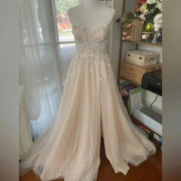 Strapless Blush Bridal Gown with Beading, Rhinestones and 3D Flowers - Picture 4 of 8